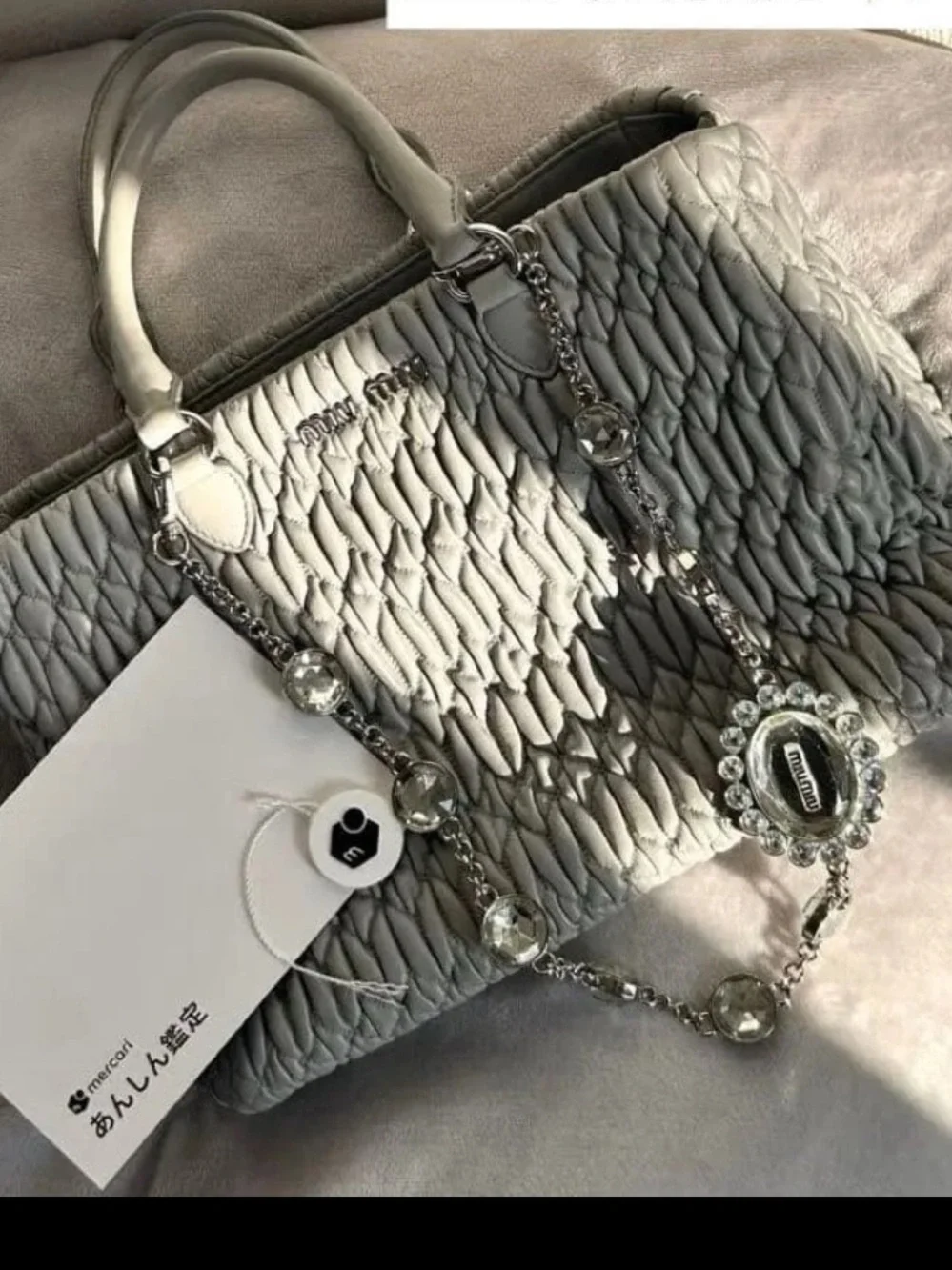 Miu Miu Quilted Gray Ruched Leather Satchel with Crystal Chain